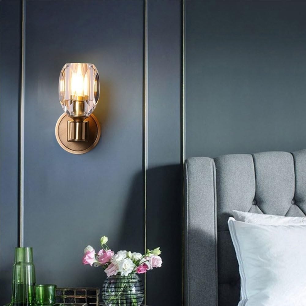 Modern Brass Wall Sconce with Faceted Crystal Shade Upward Facing Light Fixture E14/E12 Base Brushed Gold Tone Bedside Lamp Decor for Bedroom Living Room Hallway