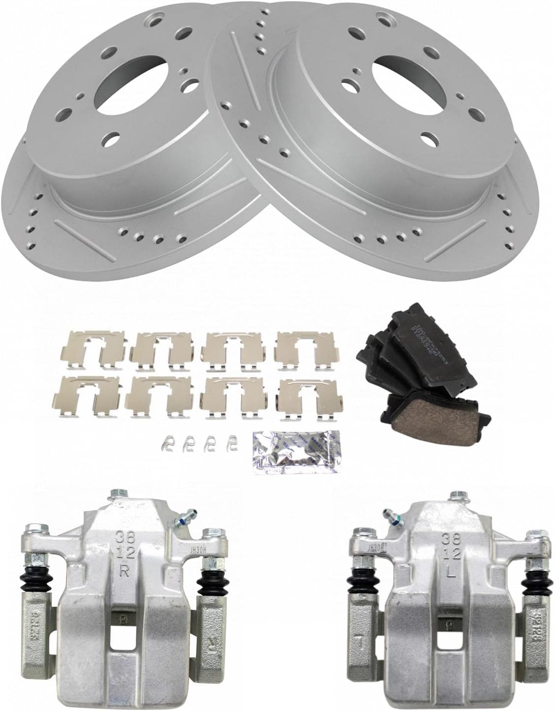 TRQ Performance Rear Brake Pad and Rotor Set Ceramic Drilled Slotted Coated Rotors Calipers Compatible with 2012-2018 Toyota RAV4