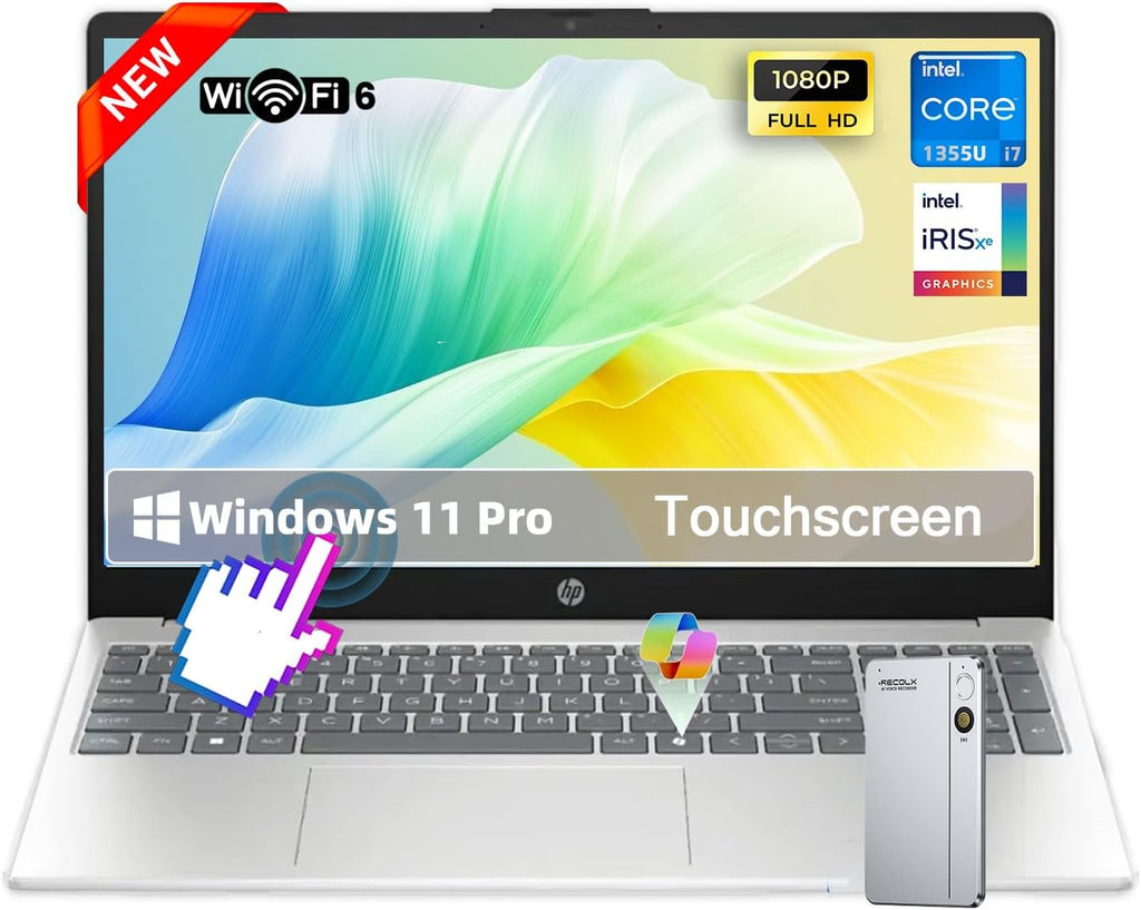HP 15.6 Touchscreen Laptop Computer • 15.6' FHD IPS Disaplay • Intel 10-Core i7-1355U • Wi-Fi 6 • AI Noise Removal • Copilot • HD Webcam • w/AI Voice Recorder • Win 11 Pro • (16 GB RAM, 512GB SSD)