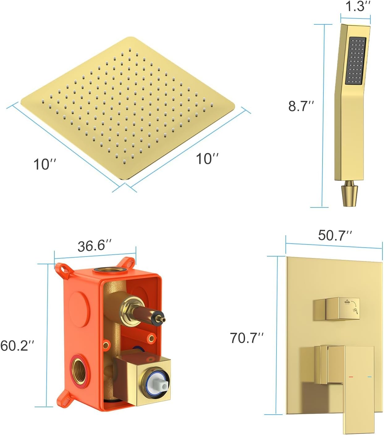 Shower Head Combo, Shower Heads with Handheld Spray Shower Faucet Set with 10 Inch Rainfall Gold Shower Head High Pressure Wall Mounted for Bathroom (Gold)-new
