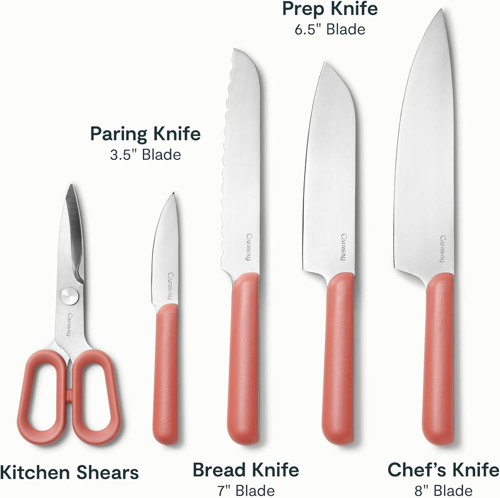 Caraway 14-Piece Kitchen Prep Set - Kitchen Knife Set & Wooden Utensil Set - Made With Premium German Steel Blades & FSC-Certified Birch Wood - Non-Toxic Materials - Includes Organizer - Perracotta