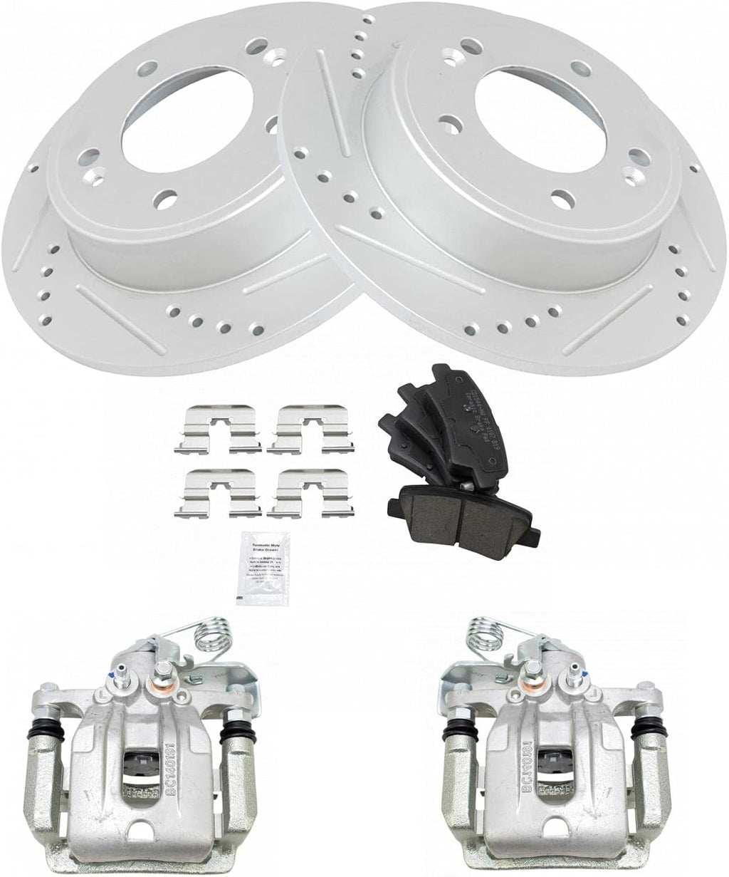 TRQ Performance Rear Brake Pad and Rotor Set Ceramic Slotted Drilled Coated Rotors Calipers Compatible with 2011-2016 Hyundai Elantra 2013-2014 Elantra Coupe