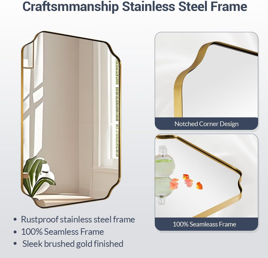 MIRRORART 20x28'' Scalloped Gold Bathroom Mirror, Brushed Brass Metal Framed Decorative Wall Mirror, Elegant Rectangle Vanity Mirror for Bathroom, Bedroom & Entryway, Modern Farmhouse Home Remodel