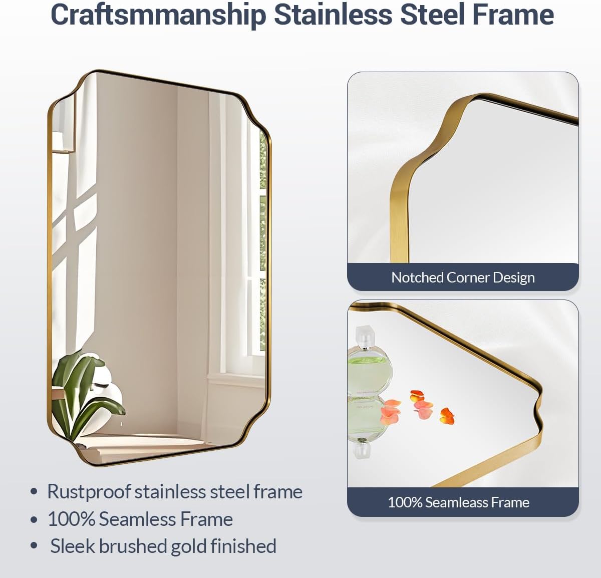 MIRRORART 20x28'' Scalloped Gold Bathroom Mirror, Brushed Brass Metal Framed Decorative Wall Mirror, Elegant Rectangle Vanity Mirror for Bathroom, Bedroom & Entryway, Modern Farmhouse Home Remodel