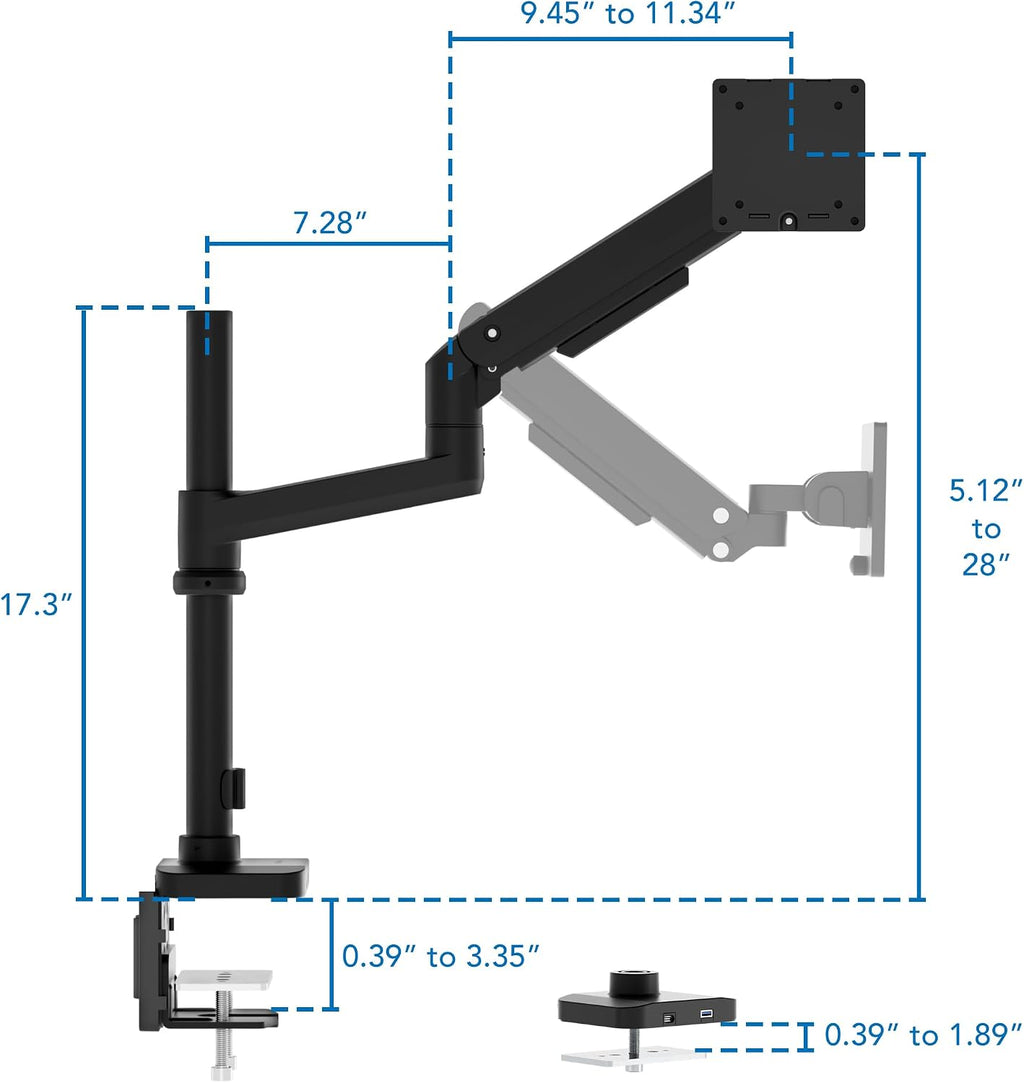 Mount-It! Proflex Series Height-Adjustable Ultrawide Monitor Arm with Pole, Fits 17–49' Screens, Gas Spring, 44 lbs Capacity, USB-C & USB 3.0 Ports, Full Motion, VESA 75/100, Clamp or Grommet