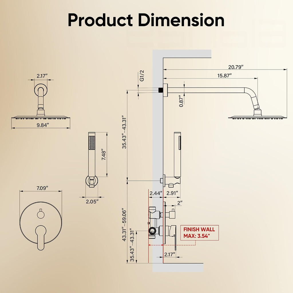 Brushed Gold Shower System, All-Metal Wall Mounted Shower Faucet Set with High Pressure 10-Inch Rain Showerhead & Handheld Spray, Bathroom Shower Combo Set with Rough-In Valve and Trim Included