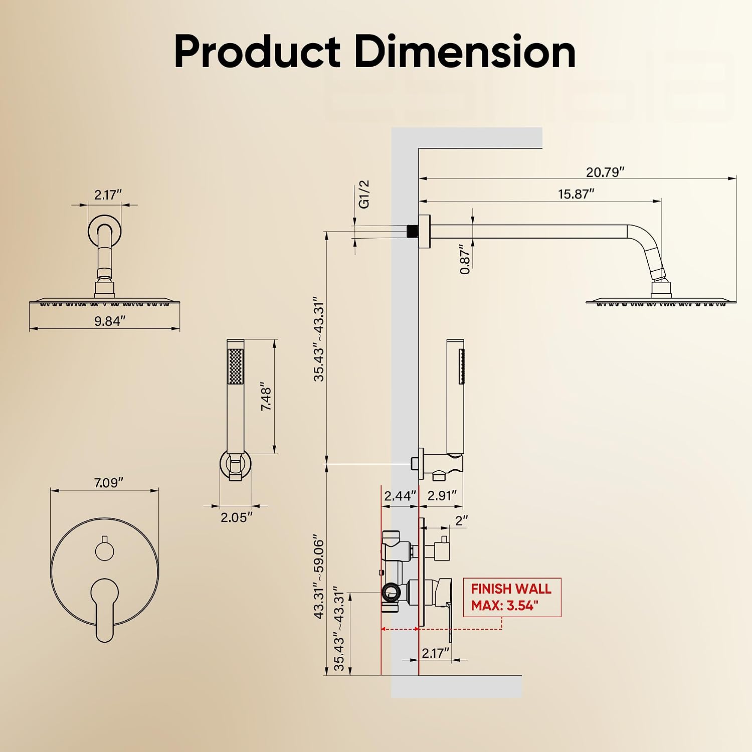 Brushed Gold Shower System, All-Metal Wall Mounted Shower Faucet Set with High Pressure 10-Inch Rain Showerhead & Handheld Spray, Bathroom Shower Combo Set with Rough-In Valve and Trim Included