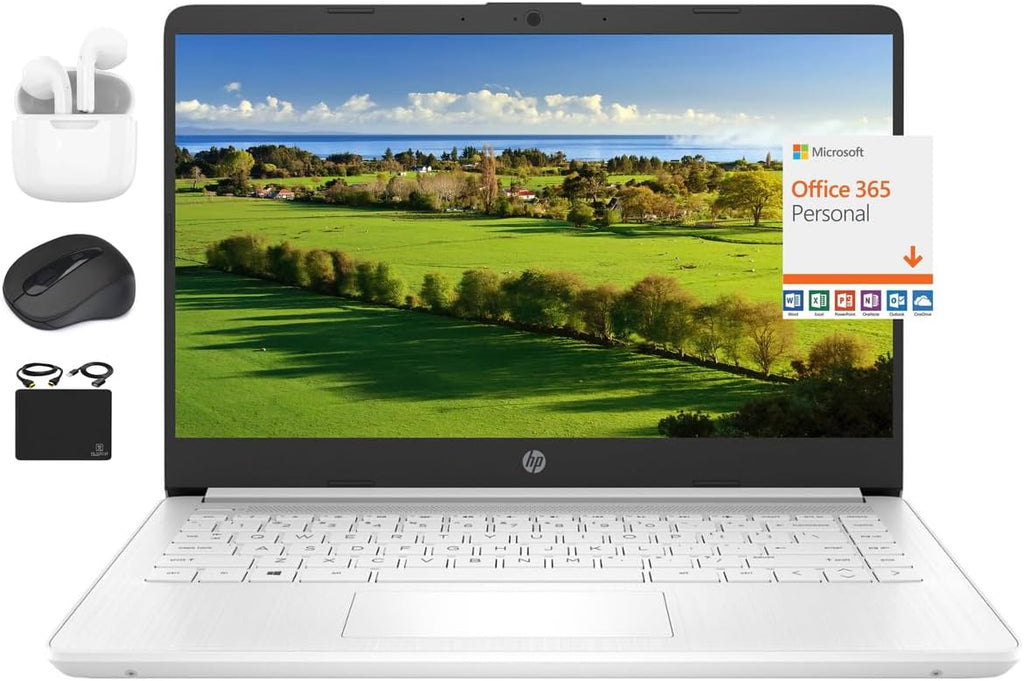 HP 2024 14' Laptop Notebook Thin Light for Students Business, Quad-Core Intel N4120, 8GB RAM, 192GB (64GB eMMC+ 128GB Card), 1 Year Office 365, Webcam, WiFi, Windows 11S, HubxcelAccessory White