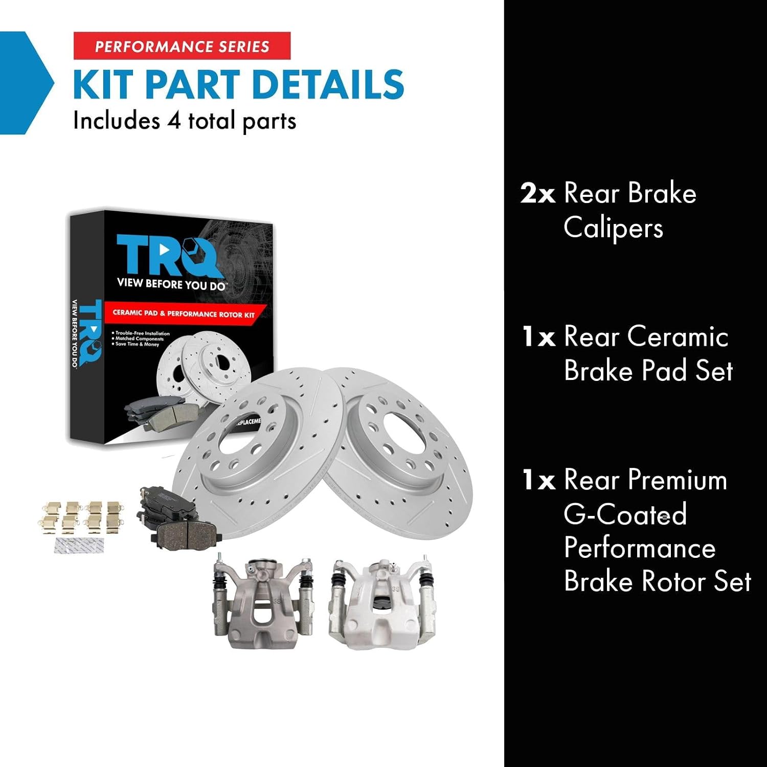 TRQ Performance Rear Brake Pad and Rotor Set Ceramic Solid Coated Rotors Calipers Compatible with 2015-2017 Chrysler 200 2016-2020 Jeep Cherokee