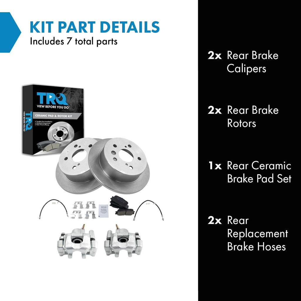 TRQ Rear Brake Pad and Rotor Set Ceramic Rotors Calipers Hoses Compatible with 2002-2003 Lexus ES300 2004-2006 ES330 2002-2006 Toyota Camry