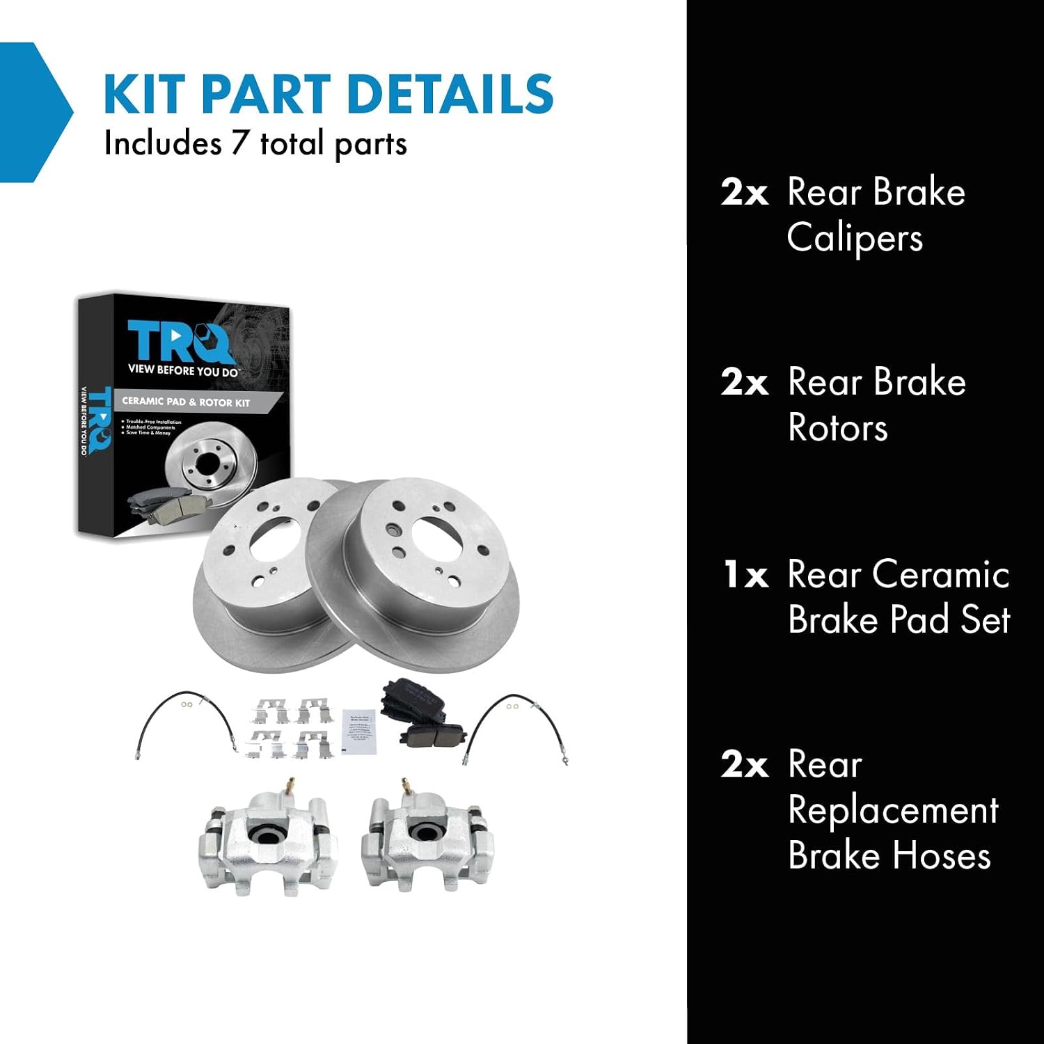 TRQ Rear Brake Pad and Rotor Set Ceramic Rotors Calipers Hoses Compatible with 2002-2003 Lexus ES300 2004-2006 ES330 2002-2006 Toyota Camry