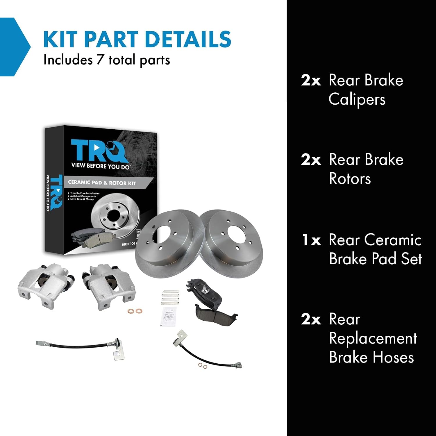 TRQ Rear Brake Pad and Rotor Set Ceramic Rotors Calipers Hoses Compatible with 1999-2003 Ford F-150 2004 F-150 Heritage