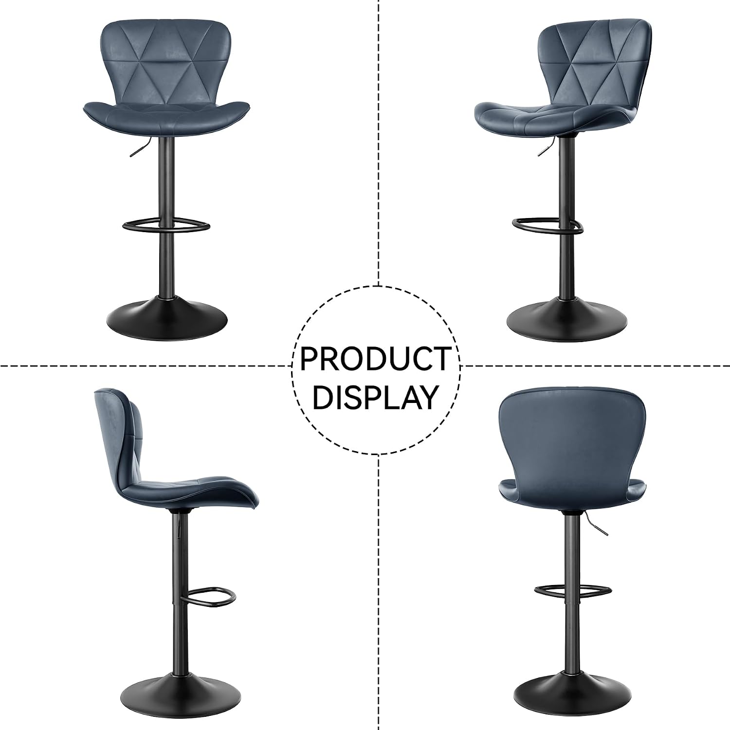 Nalupatio Modern Bar Stools Set of 3, Adjustable Faux Leather Upholstered Swivel Bar Stools, Counter Height Bar Chairs with Back for Kitchen Island, Dark Blue