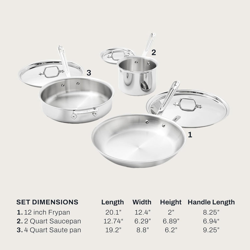 All-Clad D3® Stainless Steel 6 Piece Cookware Set- Made in USA- Includes 12' Fry Pan, 2 Qt Saucepan, 4 Qt Sautépan, Professional Grade -Oven Safe & Induction Compatible