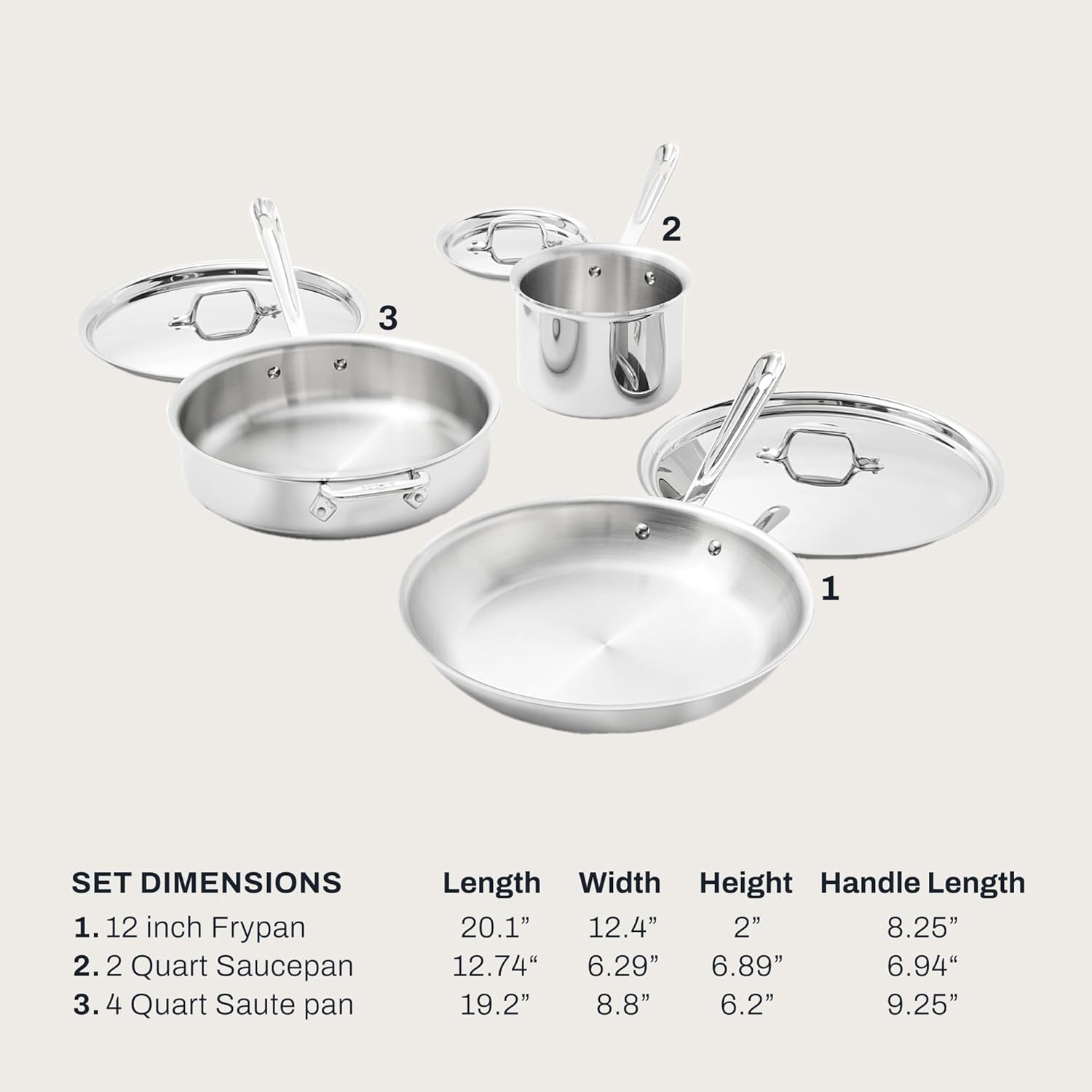 All-Clad D3® Stainless Steel 6 Piece Cookware Set- Made in USA- Includes 12' Fry Pan, 2 Qt Saucepan, 4 Qt Sautépan, Professional Grade -Oven Safe & Induction Compatible