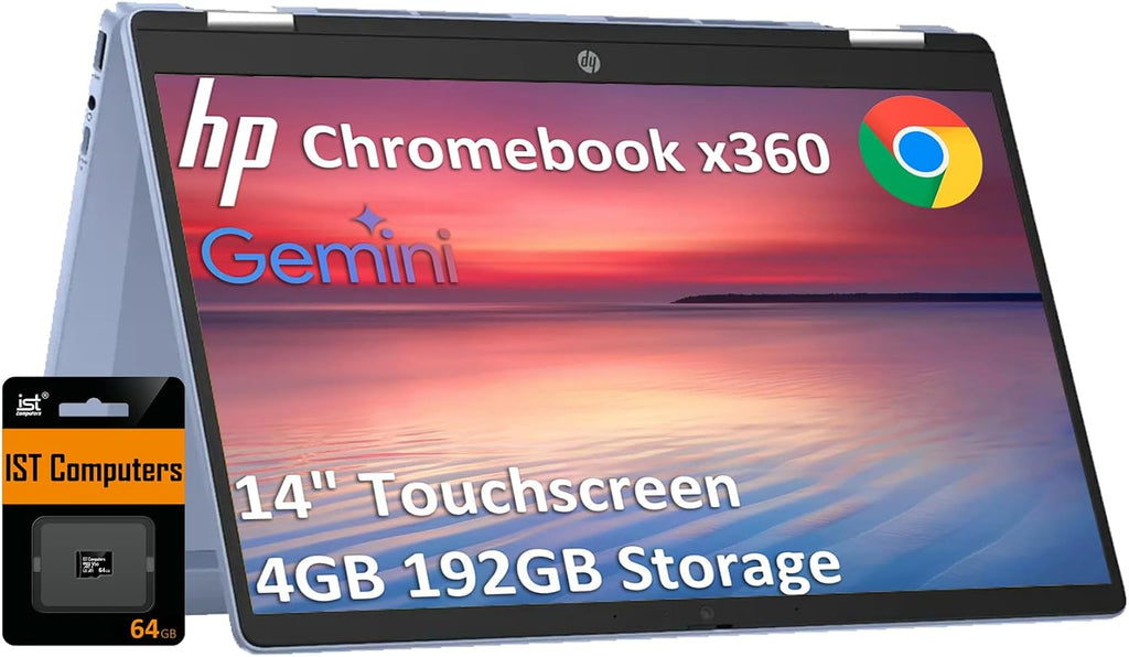 HP Chromebook x360 14 2-in-1 Touchscreen Laptop (14' HD, Intel N200, 4GB RAM, 192GB Storage (128GB SSD+64GB SD Card)) for Home, Students, HD Webcam, Wi-Fi 6, Long Battery Life, Chrome OS, Sky Blue