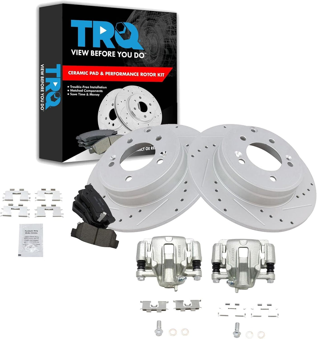 TRQ Performance Rear Brake Pad and Rotor Set Ceramic Solid Rotors Calipers Compatible with 2006 Hyundai Sonata