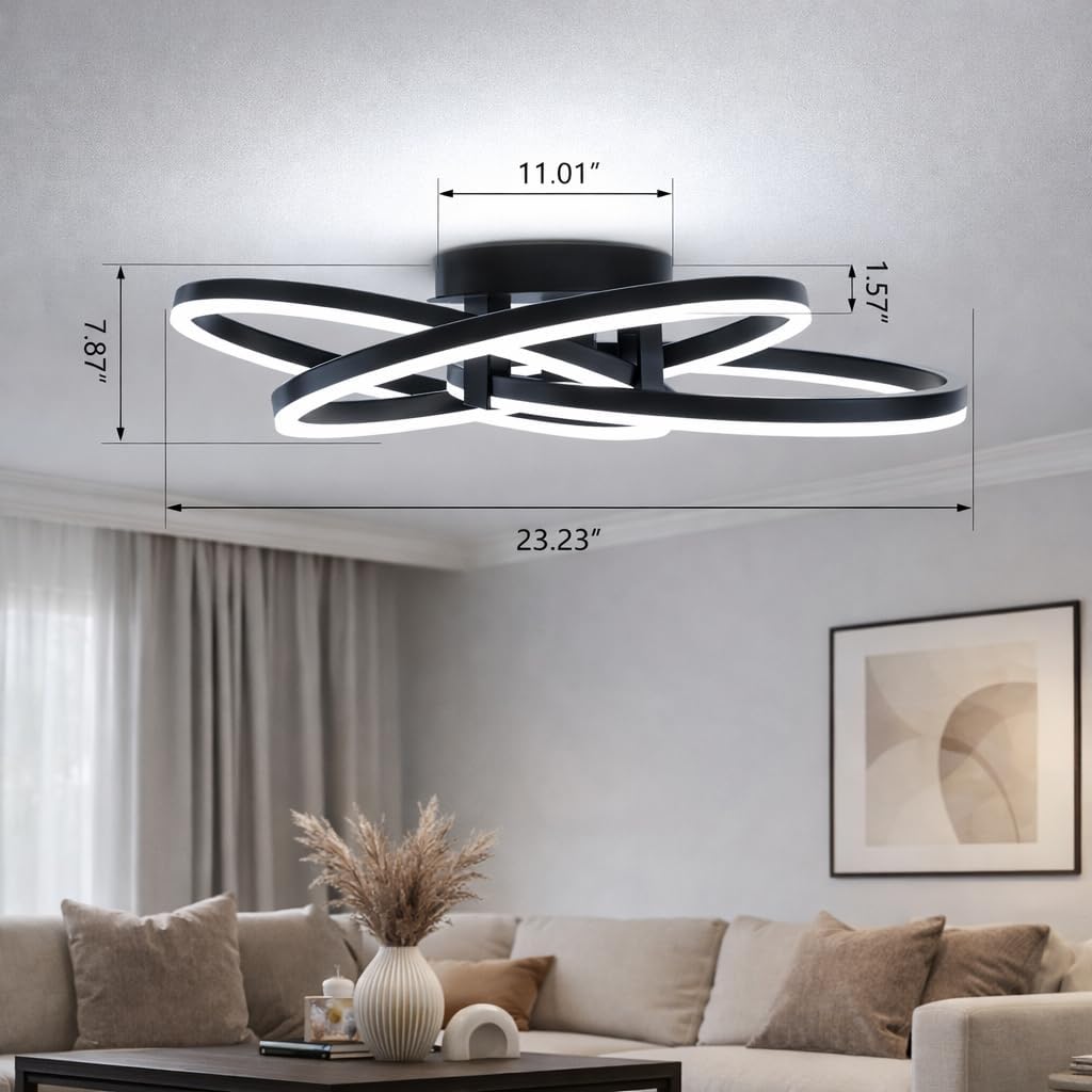 Maxax 3 Ring LED Ceiling Light Fixture, 23'W * 7.5'H, Circle Modern Semi Flush Mount Chandelier, AL Alloy Frame, 45W Dimmable, ETL, for Bedrooms, Living room, Kitchen, Entryway, Hallway, Matte Black