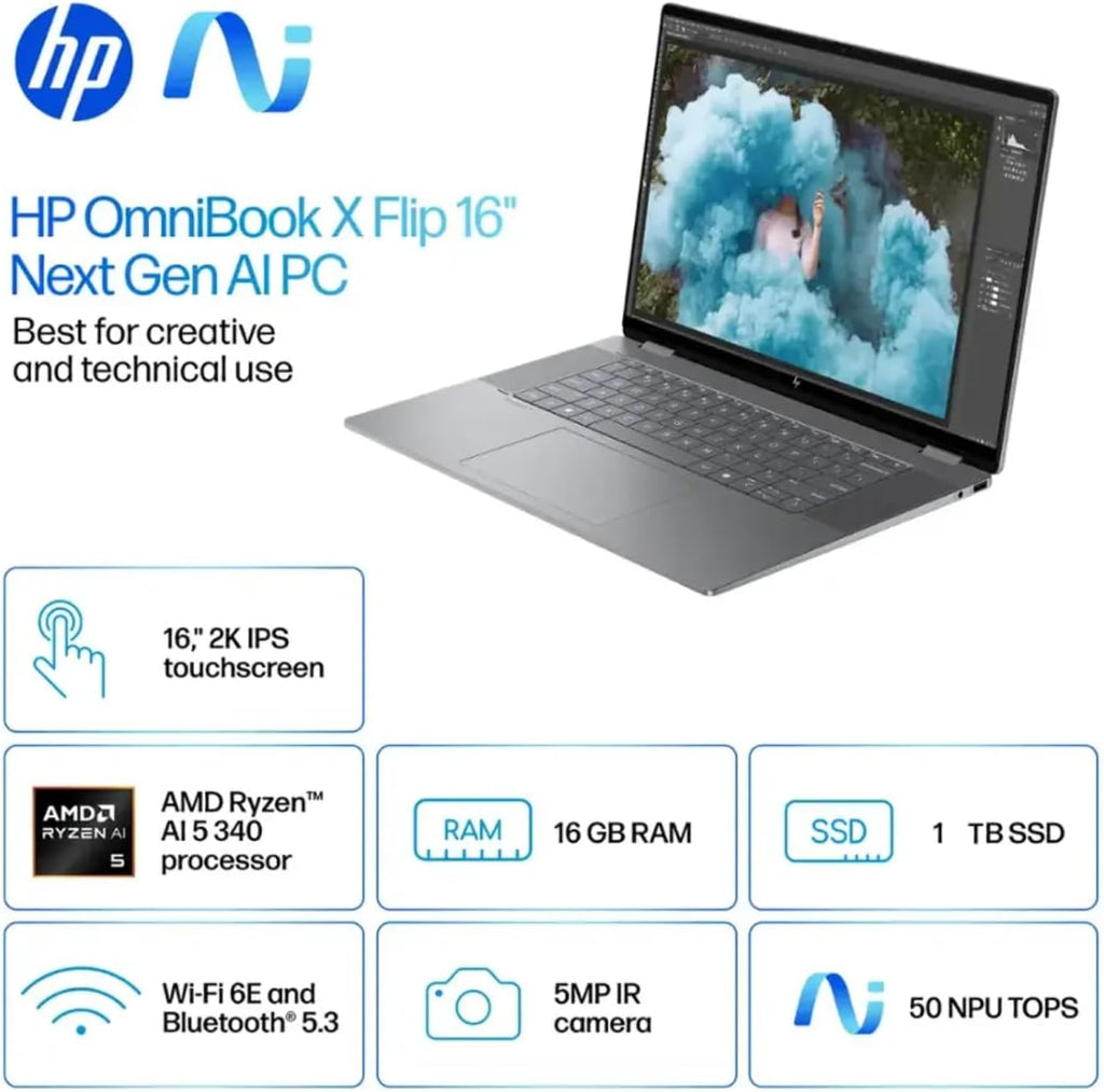 HP 2025 Envy OmniBook X Flip 2-in-1 Laptop 16' FHD+ Touch, Copilot+ PC, AMD Ryzen AI 5 340, 16GB RAM, 1TB SSD, AMD Radeon 840M, 21H Battery, Win 11 Pro, W/Stylus Pen