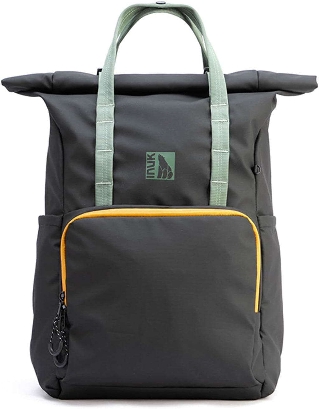INUK Roll Top Backpack with Laptop Compartment, Gray with Mint Green Handles and Yellow Zipper Trim, Travel and Work Bag