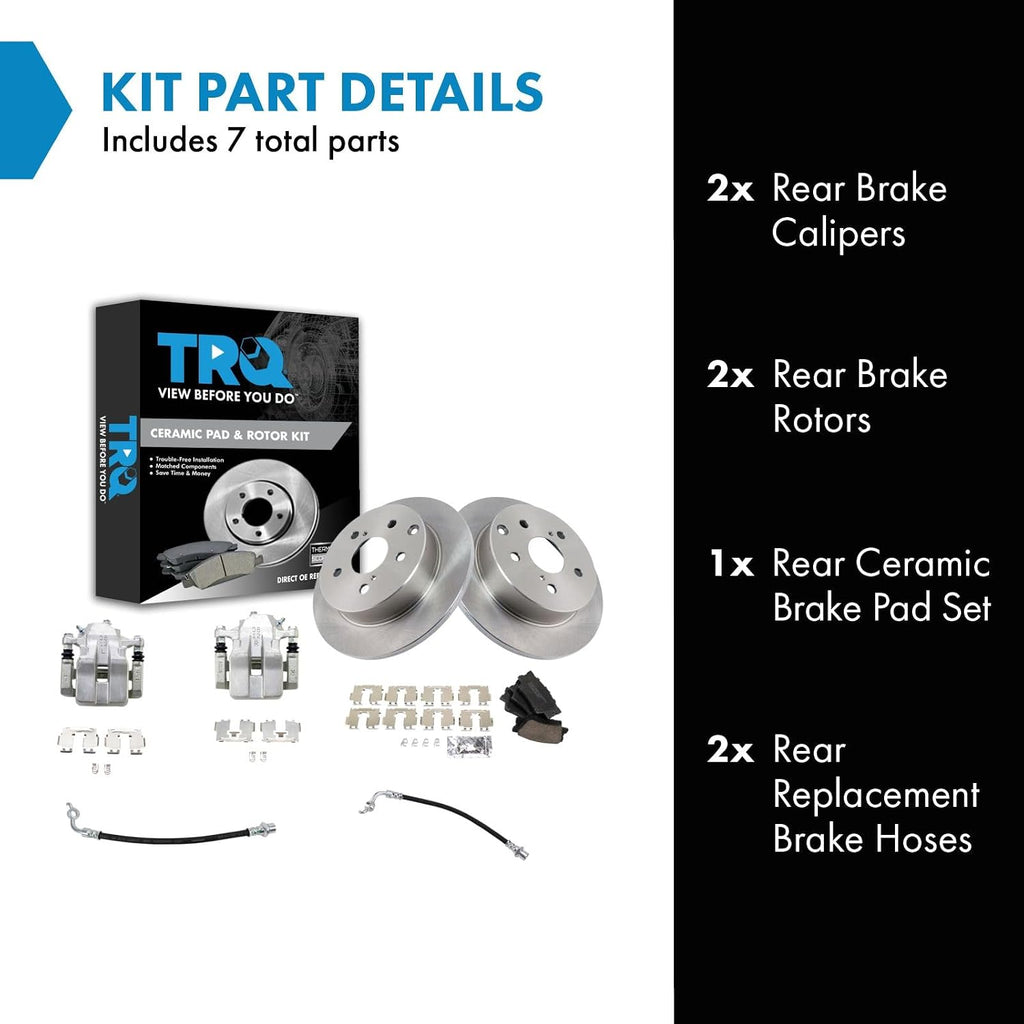 TRQ Rear Brake Pad and Rotor Set Ceramic Rotors Calipers Hoses Compatible with 2012-2018 Toyota RAV4