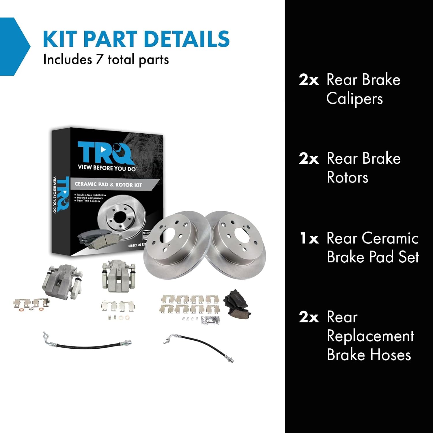 TRQ Rear Brake Pad and Rotor Set Ceramic Rotors Calipers Hoses Compatible with 2006-2011 Toyota RAV4