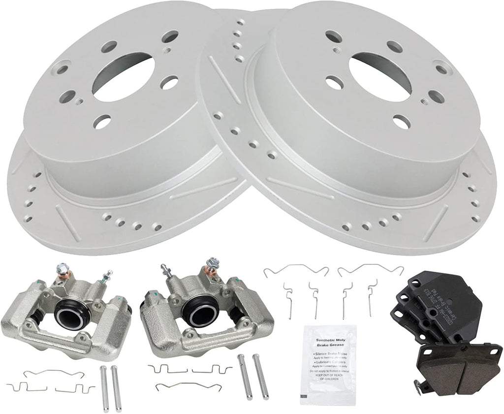 TRQ Performance Rear Brake Pad and Rotor Set Ceramic G Coated Slotted Drilled Rotors Calipers Compatible with 2003-2006 Pontiac Vibe 2000-2005 Toyota Celica 2005-2006 Corolla 2003-2006 Matrix