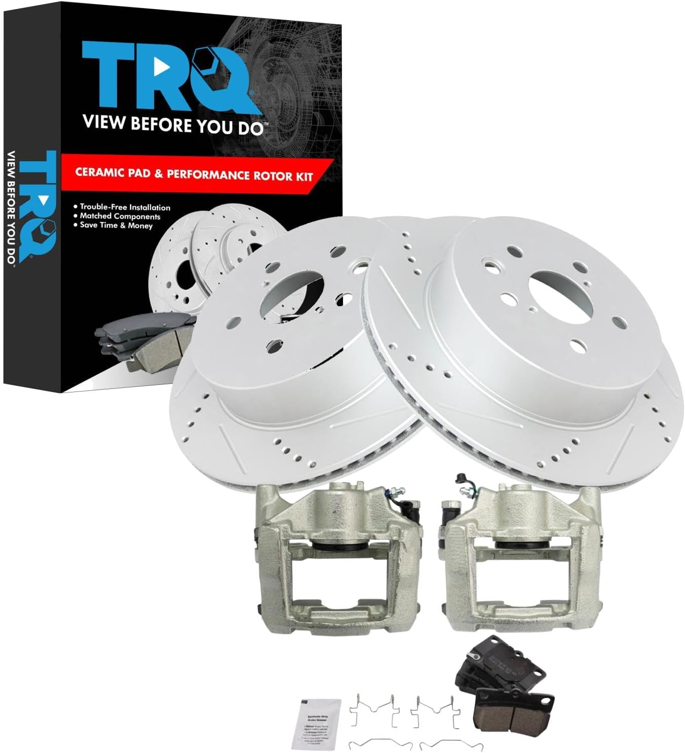 TRQ Performance Rear Brake Pad and Rotor Set Ceramic Drilled Slotted Coated Rotors Calipers Compatible with 2006-2007 Lexus GS430 2007-2011 GS450h 2008-2011 GS460 2006-2013 IS350