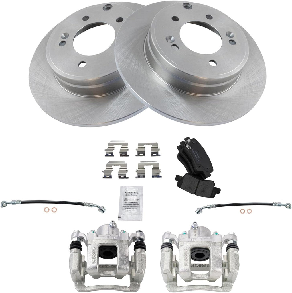TRQ Rear Brake Pad and Rotor Set Ceramic Calipers Hoses Compatible with 2011-2015 Hyundai Sonata Kia Optima