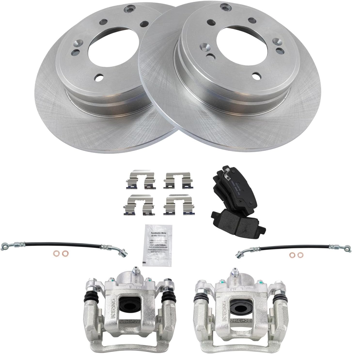 TRQ Rear Brake Pad and Rotor Set Ceramic Calipers Hoses Compatible with 2011-2015 Hyundai Sonata Kia Optima