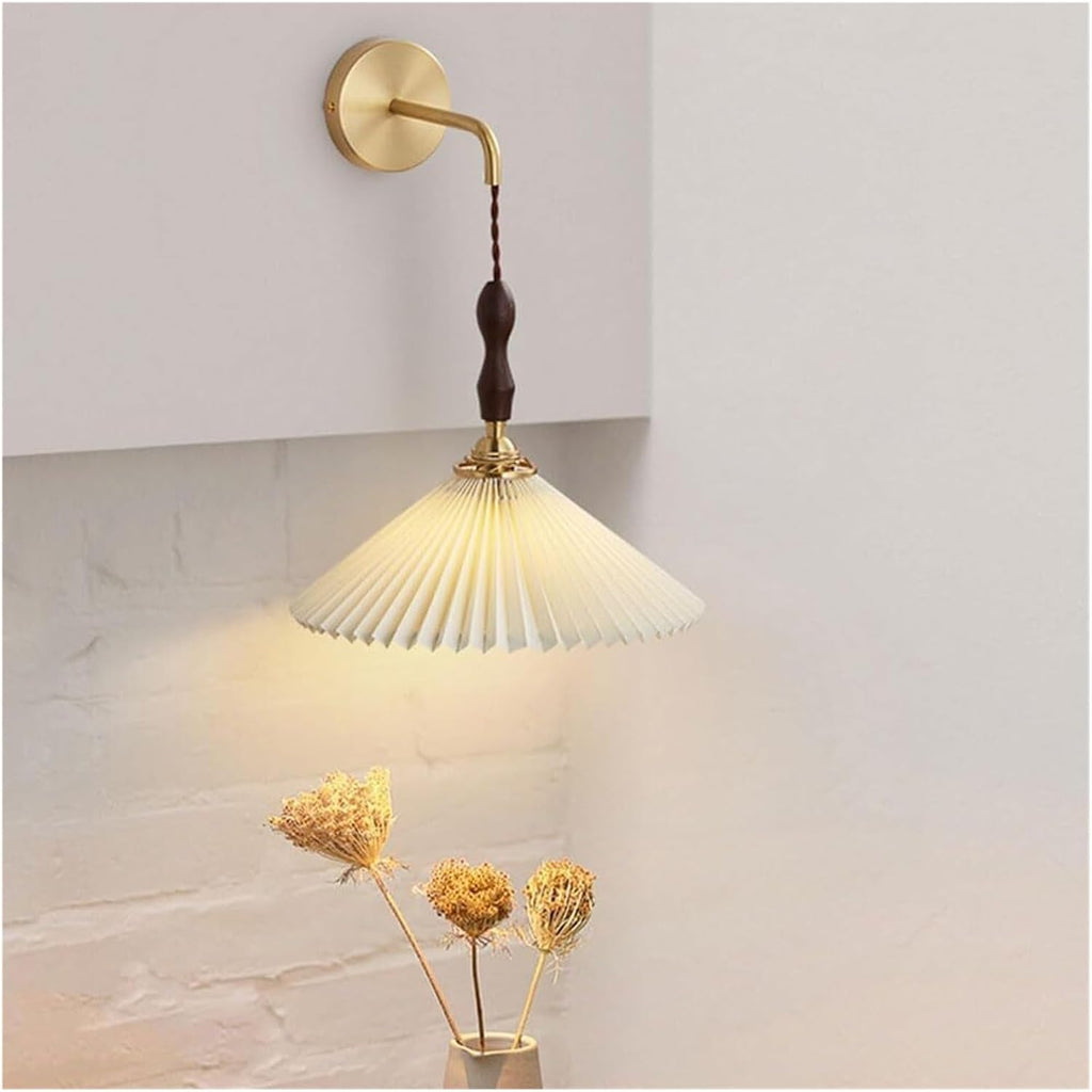 Wall Lamps Sconces Scandinavian Walnut Nightstand Wall Fixture Brass Hallway Accent Light with Pleated Fabric Cover Gold Tone Lamp Indoor Wired Mid-Century Bedroom Mounted Lighting for Bathroom D