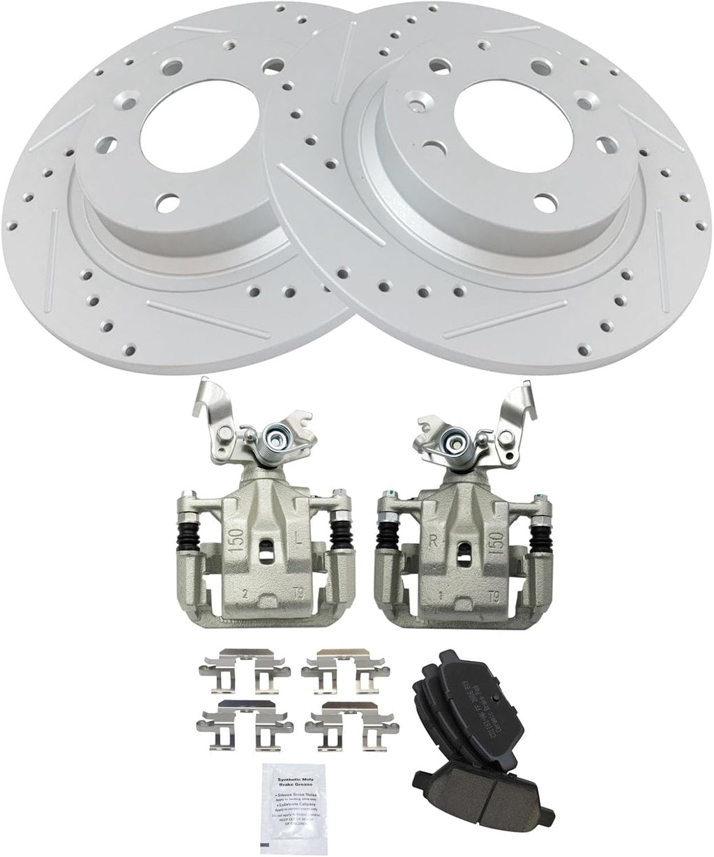 TRQ Performance Rear Brake Pad & Rotor Set Ceramic Drilled Slotted Coated Rotors Calipers Compatible with 06-12 Ford Fusion 2006 Lincoln Zephyr 07-12 Lincoln MKZ 06-13 Mazda 6 06-11 Mercury Milan
