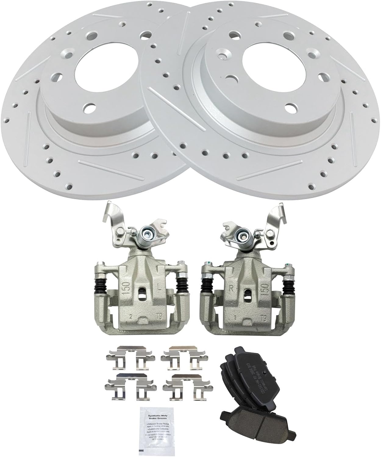 TRQ Performance Rear Brake Pad & Rotor Set Ceramic Drilled Slotted Coated Rotors Calipers Compatible with 06-12 Ford Fusion 2006 Lincoln Zephyr 07-12 Lincoln MKZ 06-13 Mazda 6 06-11 Mercury Milan