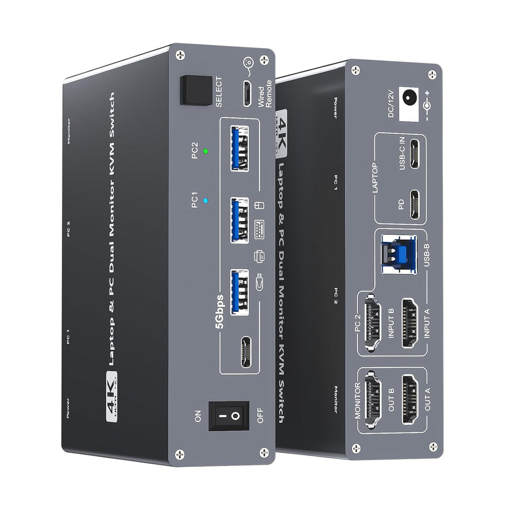 4K USB Type-C Docking KVM Switch Laptop& Desktop 2 Monitors 2 Computers USB-C & Dual HDMI 4K@60Hz Dual Monitor KVM Switches for MAC & PC, PD 100W Charging, with Type-C 3.1 Gen 2 Cable & Wired Remote