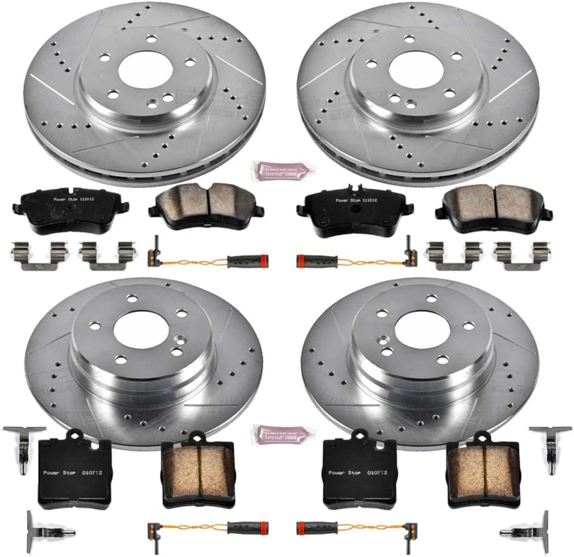 PowerStop Front and Rear Brake Kit for Mercedes-Benz C230 2003 |C240 2003-05 |C280 2006-07 |C320 2001-05 - Drilled and Slotted Disc Rotors with Carbon-Fiber Ceramic Brake Pads Replacement, K2783
