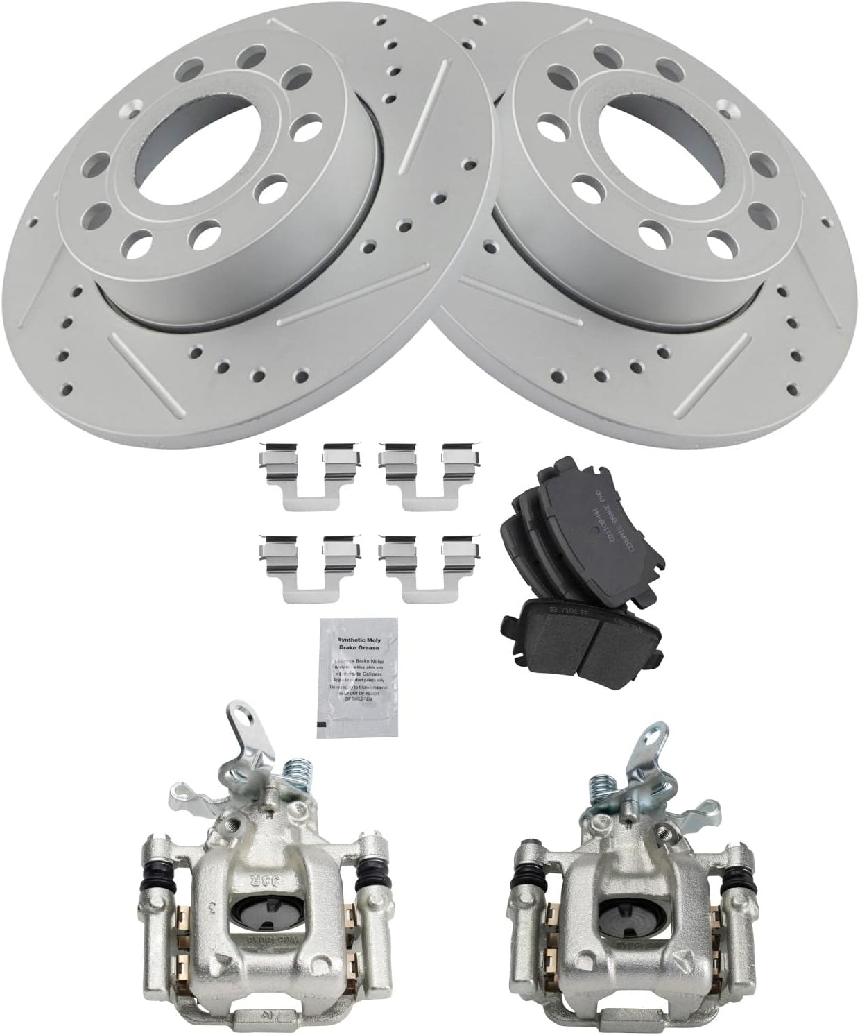 TRQ Performance Rear Brake Pad and Rotor Set Ceramic Solid Rotors Calipers Compatible with 2010 Audi A3 A3 Quattro