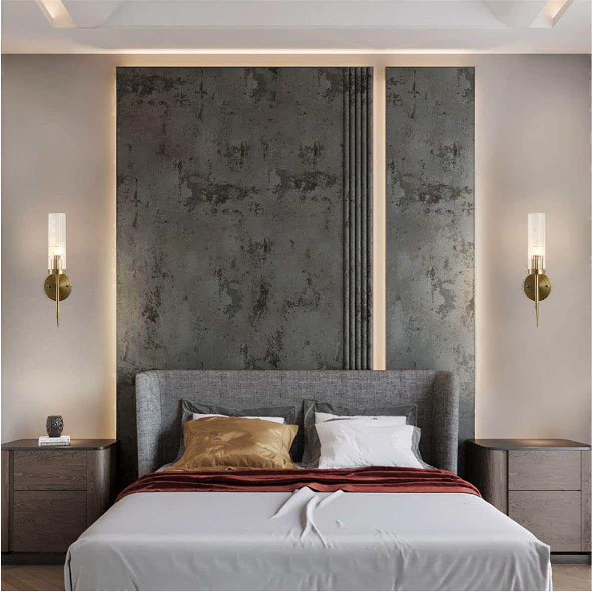 BOKT Modern Cylinder Sconces Wall Lighting Set of Two Mid Century Antique Brass Gold 1-Light Wall Sconce Set of 2 Clear Crystal Glass Wall Sconce Lamp for Bathroom
