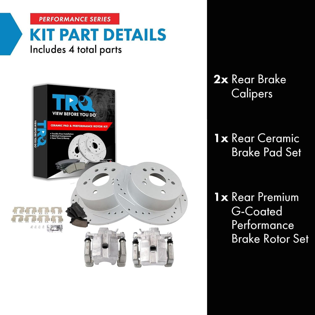 TRQ Performance Rear Brake Pad and Rotor Set Ceramic Solid Rotors Calipers Compatible with 2013-2015 Toyota Avalon 2012-2017 Camry