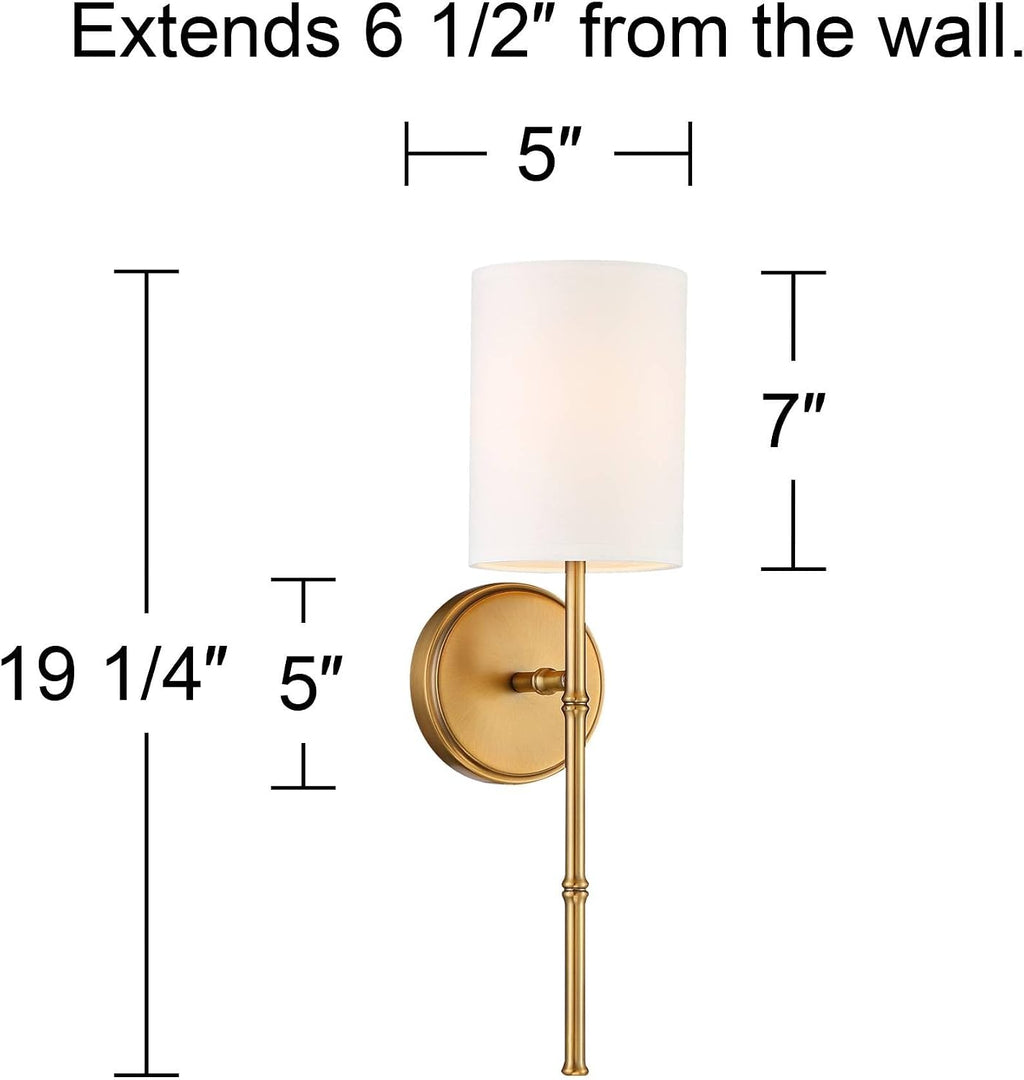 Regency Hill Abigale Modern Wall Light Sconces Set of 2 Brass Gold Metal Hardwired 5' Fixture White Fabric Shade for Bedroom Bathroom Vanity Living Room Home Hallway Dining Kitchen House