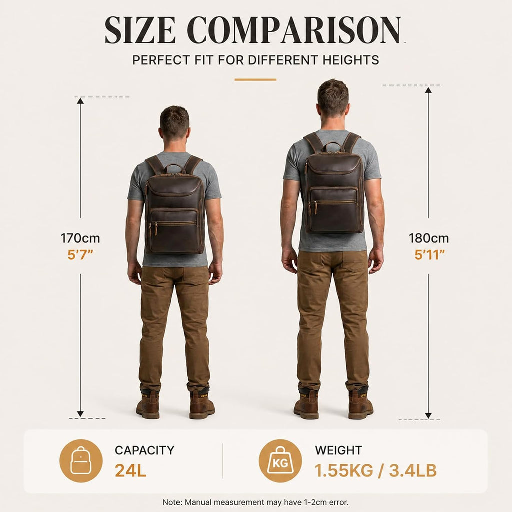 LANNSYNE Vintage Leather Backpack for Men, 16' Laptop Full Grain Leather Travel Backpack with Ergonomic Shoulder Straps, Lightweight Business Daypack Rucksack for Work Commute Hiking Camping