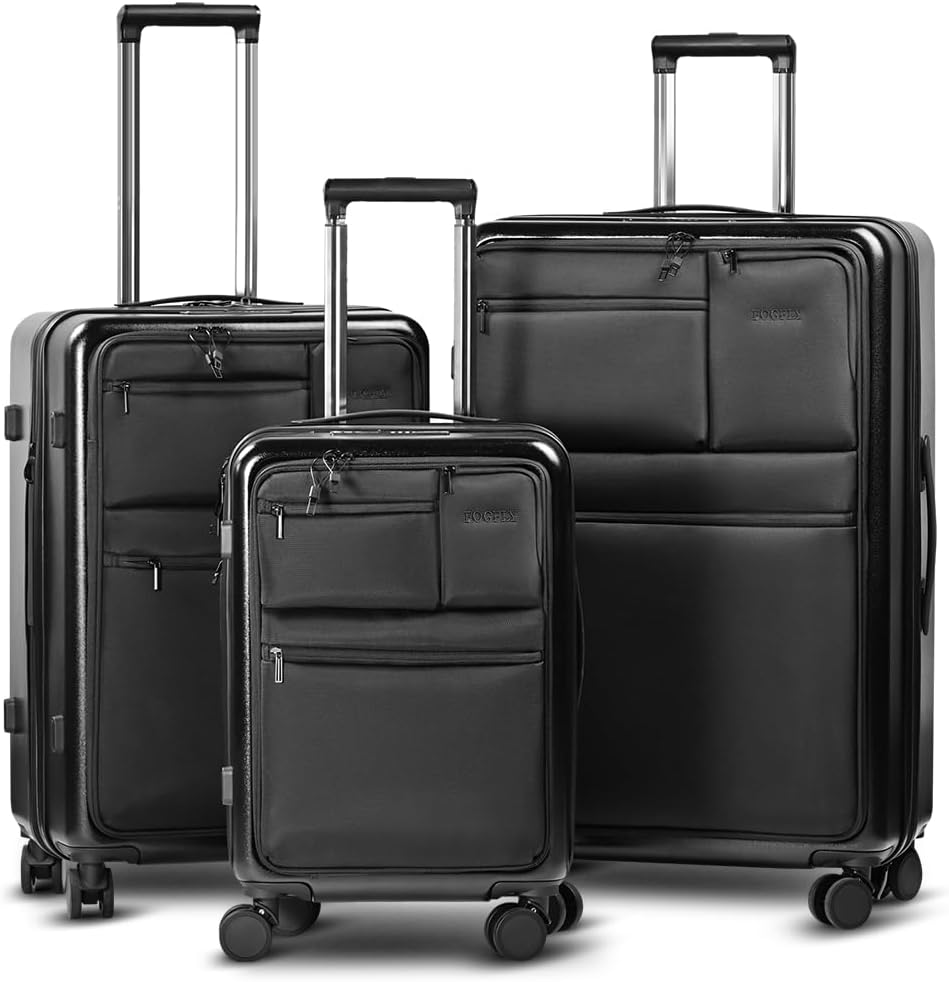 3 Piece Luggage Set with Front Pocket & USB Ports, Expandable Hardshell Suitcase Set 20' 24' 28', Spinner Wheels Travel Luggage with Laptop Compartment & TSA Lock, Hybrid Carry On & Checked Bags