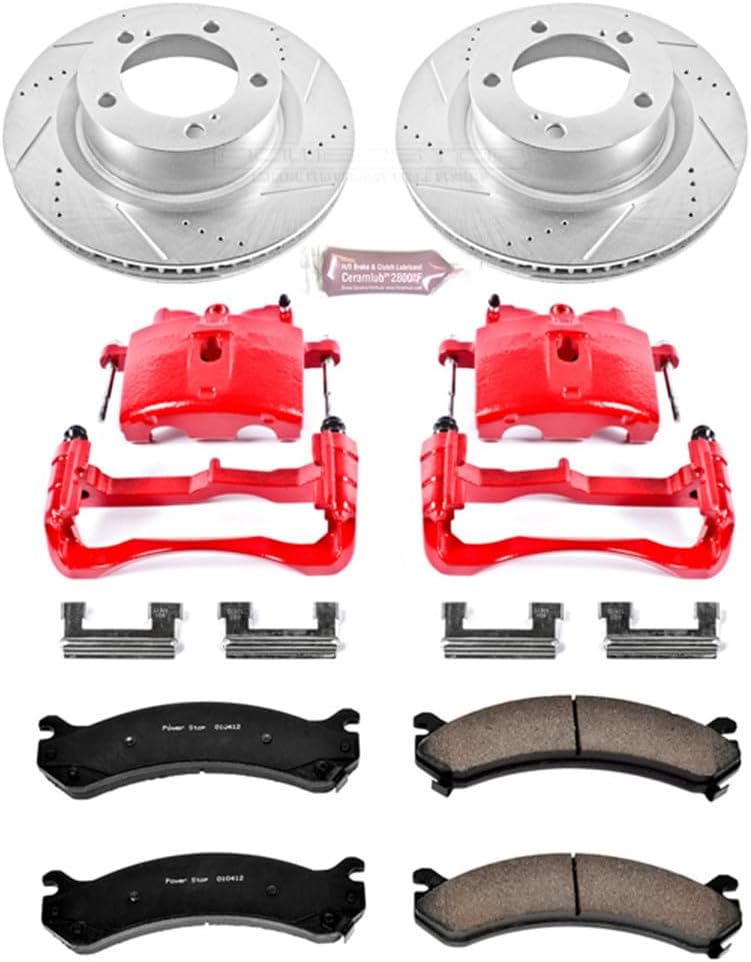 PowerStop Front Brake Kit for Chevrolet Avalanche 2500 2002-04 |Express 3500 2003-20 - Carbon-Fiber Ceramic Brake Pads + Drilled & Slotted Rotors + Red Powder Coated Calipers, KC2071