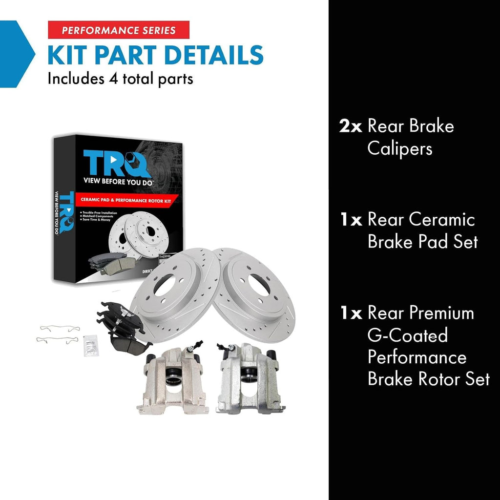 TRQ Performance Rear Ceramic Brake Pad and Rotor Set Includes Calipers Drilled Slotted Coated Compatible with 2005-2008 Ford Escape 2005-2008 Mercury Mariner 2005-2006 2008 Mazda Tribute
