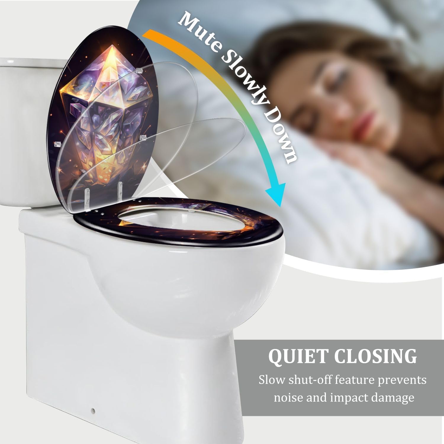Elongated Toilet Seat Ayst Crystal Gem Purples Gold Silver Flecks Resin Toilet Seat Quietly Close Quick Release Hinges Decorative Toilet Seat with Cover Easy to Install
