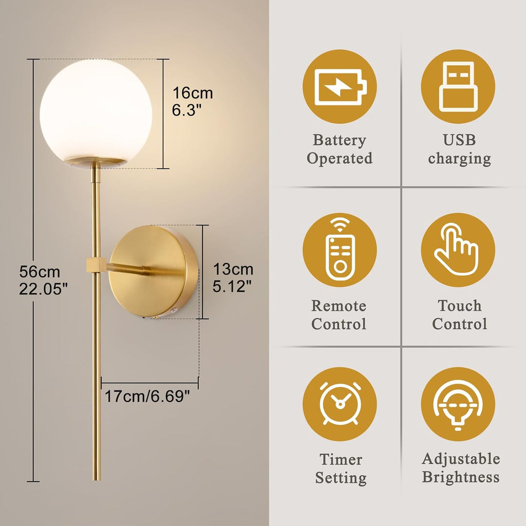 Battery Operated wall Sconce Set of 2 Glass Globe 3000K~6000K Rechargeable Gold Wall Light Fixture Wireless Wall Lights with Clear Glass Shade for Living Room, Hallway, Bedroom(2 Pack)