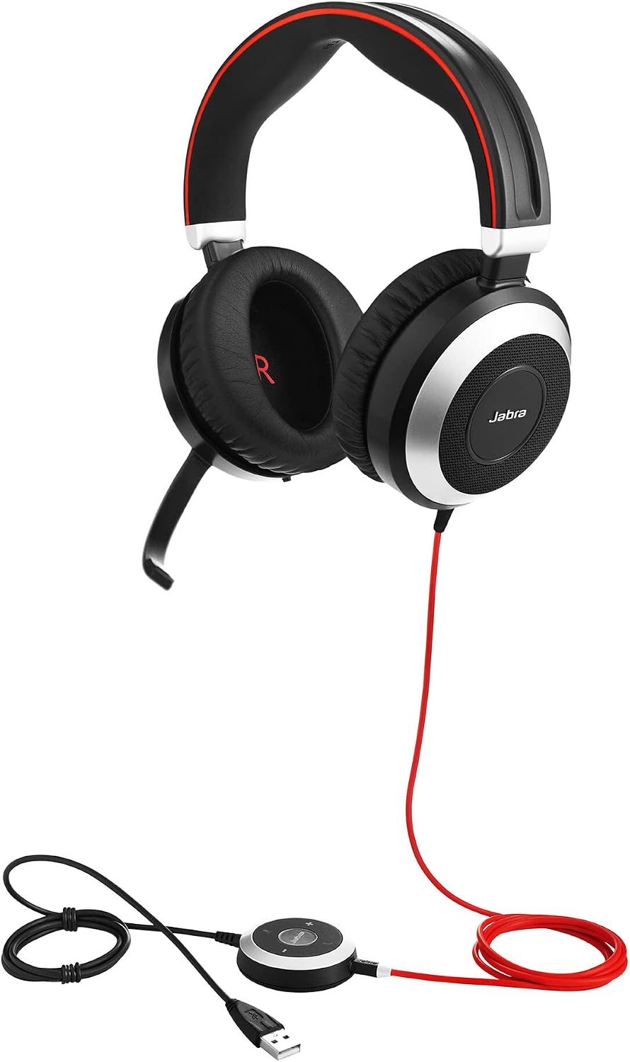 Jabra Evolve 80 MS Wired Stereo Over-Ear Headphones - Microsoft Teams Optimized Headphones with Active Noise Cancelling - USB-C Cable and 3.5mm Jack Connections - Black
