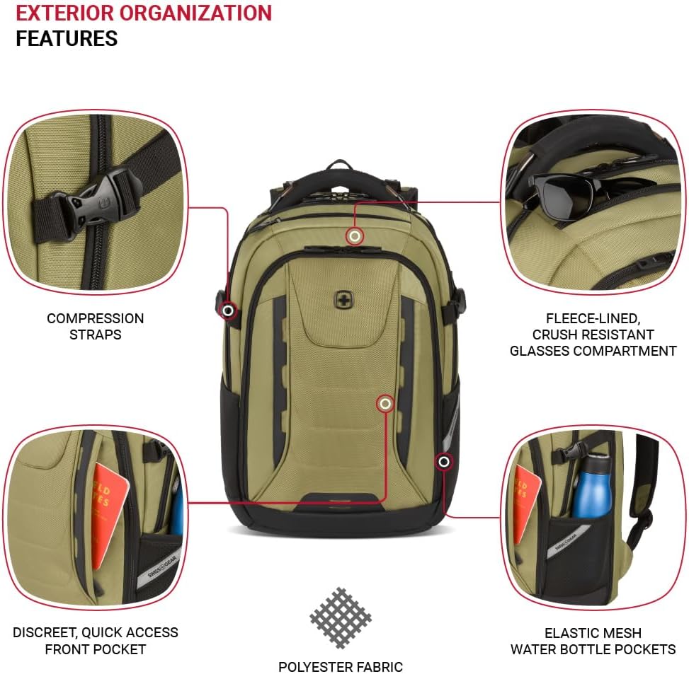 SwissGear Travel Tech Pro Laptop Backpack – Fits Laptops up to 16' – ScanSmart TSA-Friendly Backpack with Multiple Organizer Pockets – Olive