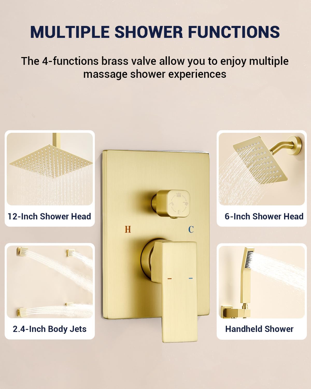 Dual Rainfall Head Shower System with 4 Body Jets, JetsBath Shower Faucet Set Double Shower Head 6-Inch Shower & 12' Rain Shower, Luxury Brushed Gold Shower Faucet Set Tandem Shower Head System
