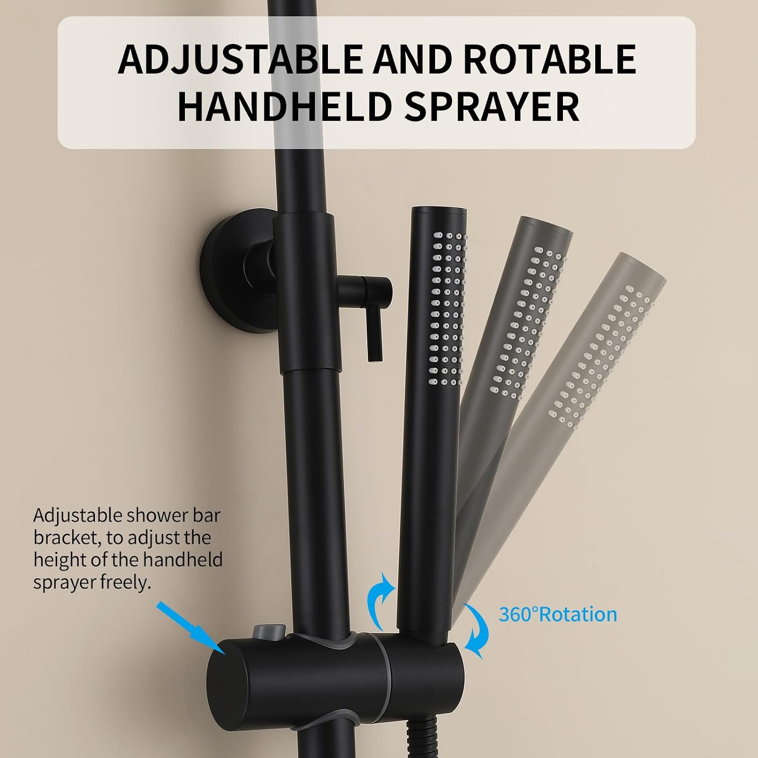 Exposed Shower Syem with Handheld, 3 Functions Bathtub Shower Faucet Sets with Brass Valve, Shower Fixture with 10-Inch Rainfall Shower Head, Height Adjustable Shower Set Matte Black