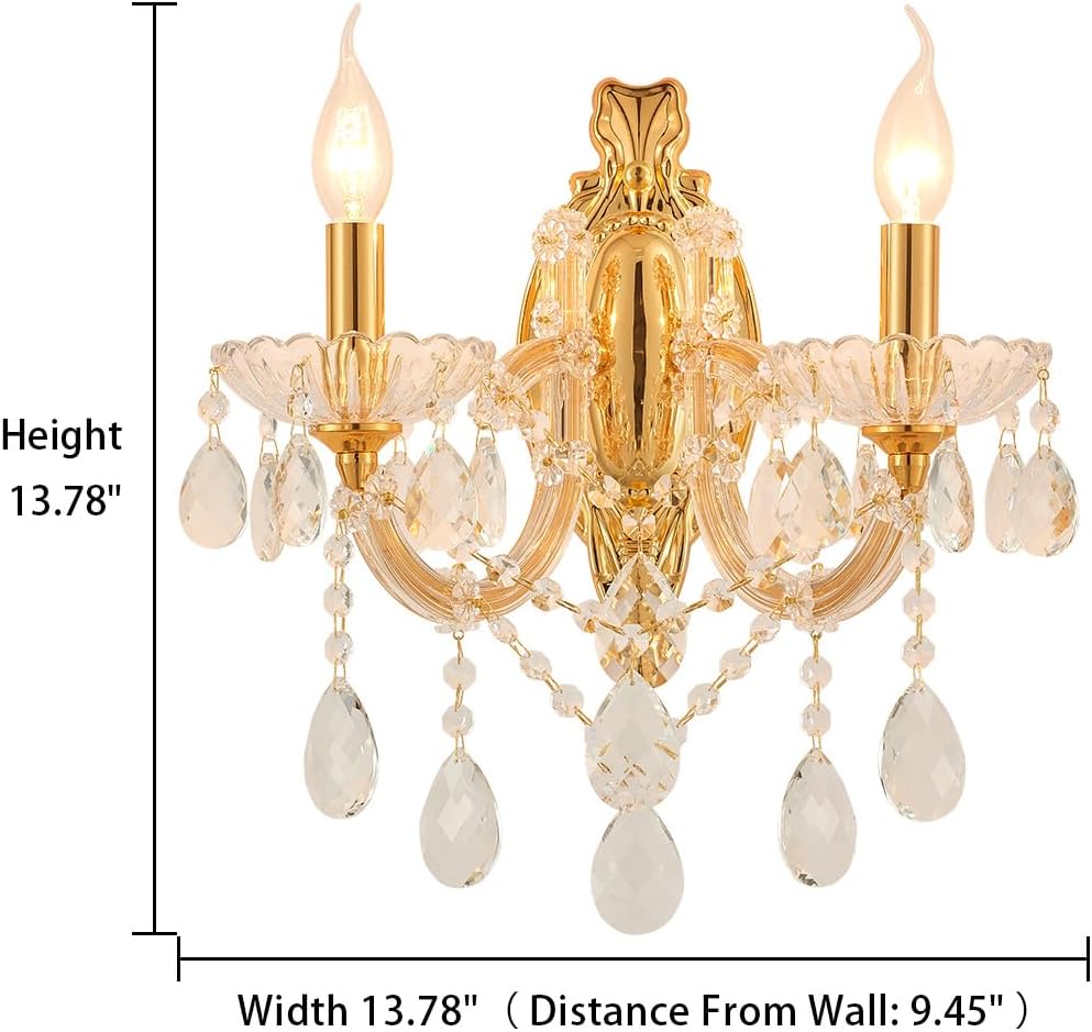 YLONG-ZS Gold Crystal Sconces Set of 2, Crystal Wall Chandelier Sconces Modern, Wall Mount Lamps Bedside, Wall Lamp Gold Wall Light for Bedroom, Living Room,Bathroom,Restrant,Hallway